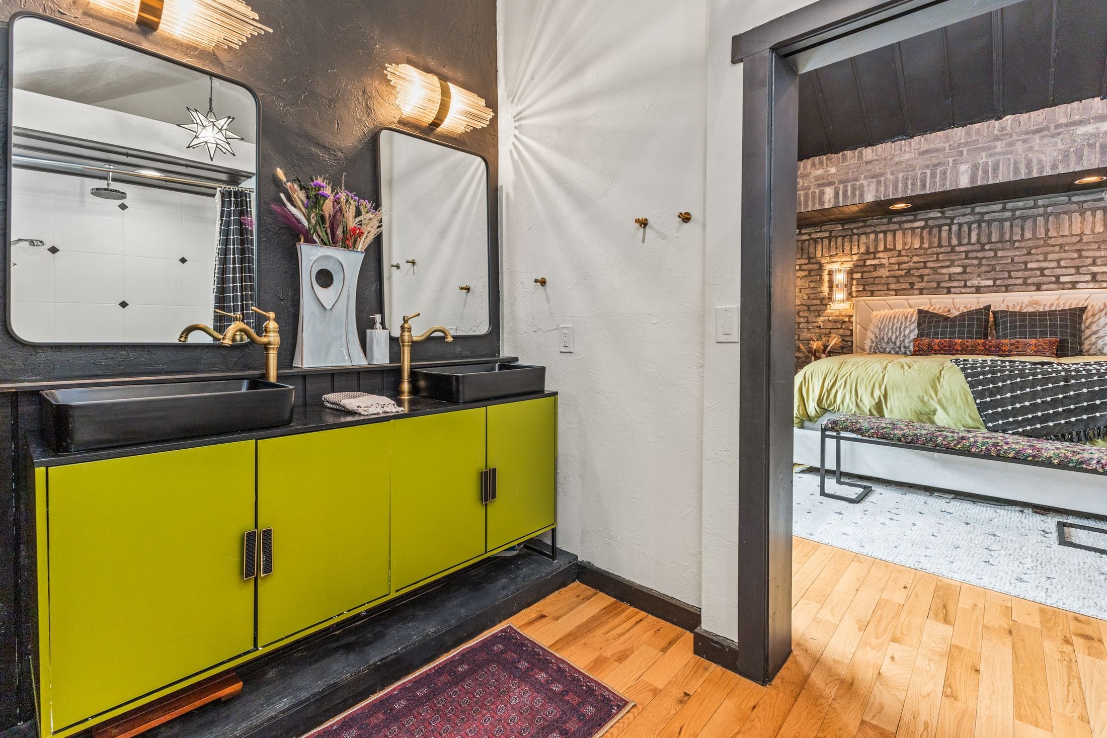 Chartreuse vanity and bedroom doorway